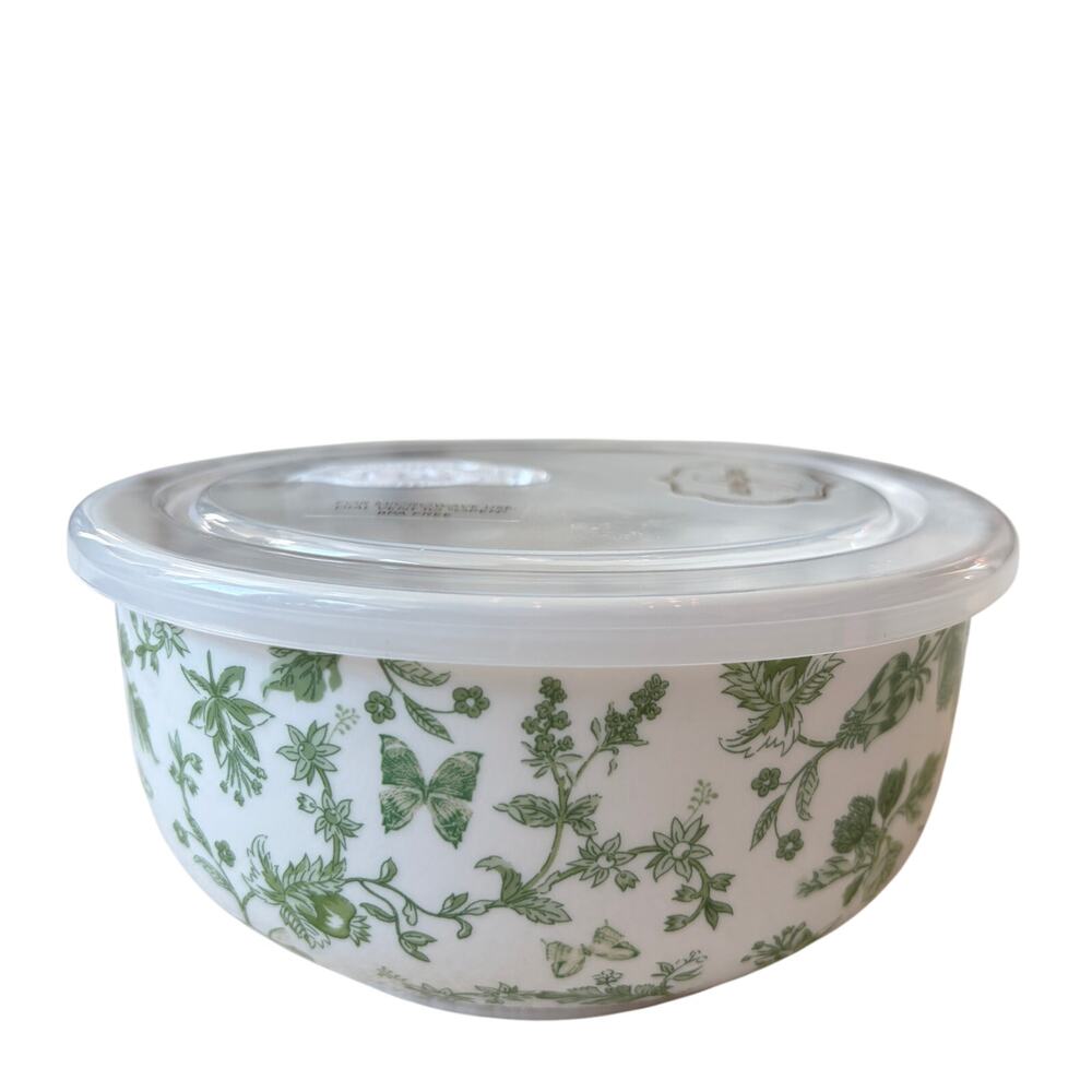 Grace Pantry Porcelain Vented Lidded Storage Bowl 6in Green & White Floral NEW